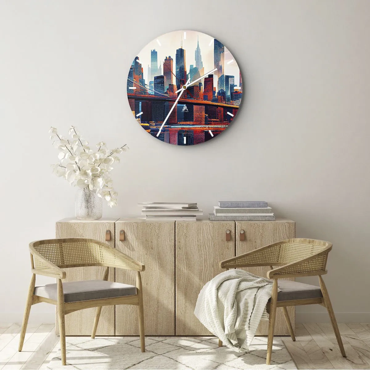 Nástenné hodiny - Panoráma New Yorku s mostom a odrazom vo vode pri západe slnka - 30x30cm - Famózny New York - Moderná nástenná dekorácia do obývacej izby, kuchyne a spálne ARTTOR