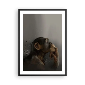 Plagát v čiernom ráme - Portrét premýšľajúcej opice v jemných sivých tónoch s abstraktným pozadím - 50x70cm - Určite mysliteľ - Moderná nástenná dekorácia do obývacej izby a spálne ARTTOR