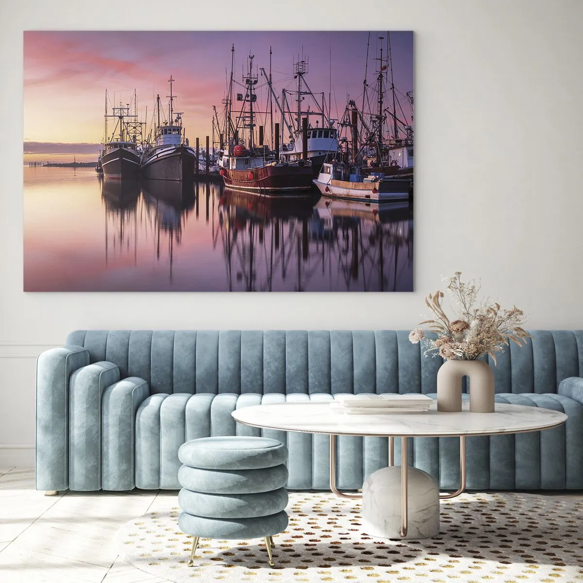 Obraz na skle - Rybárske lode pri západe slnka v tichom prístave - 70x50cm - Pred ďalším dňom - Moderná nástenná dekorácia do obývacej izby a spálne ARTTOR