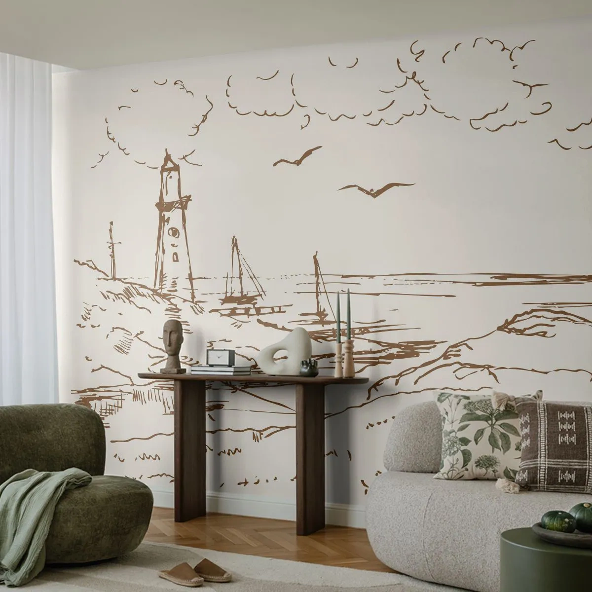 Fototapeta Premium Sand - Náčrt letných spomienok - Grafika, pobrežie, Maják - 100x70 cm