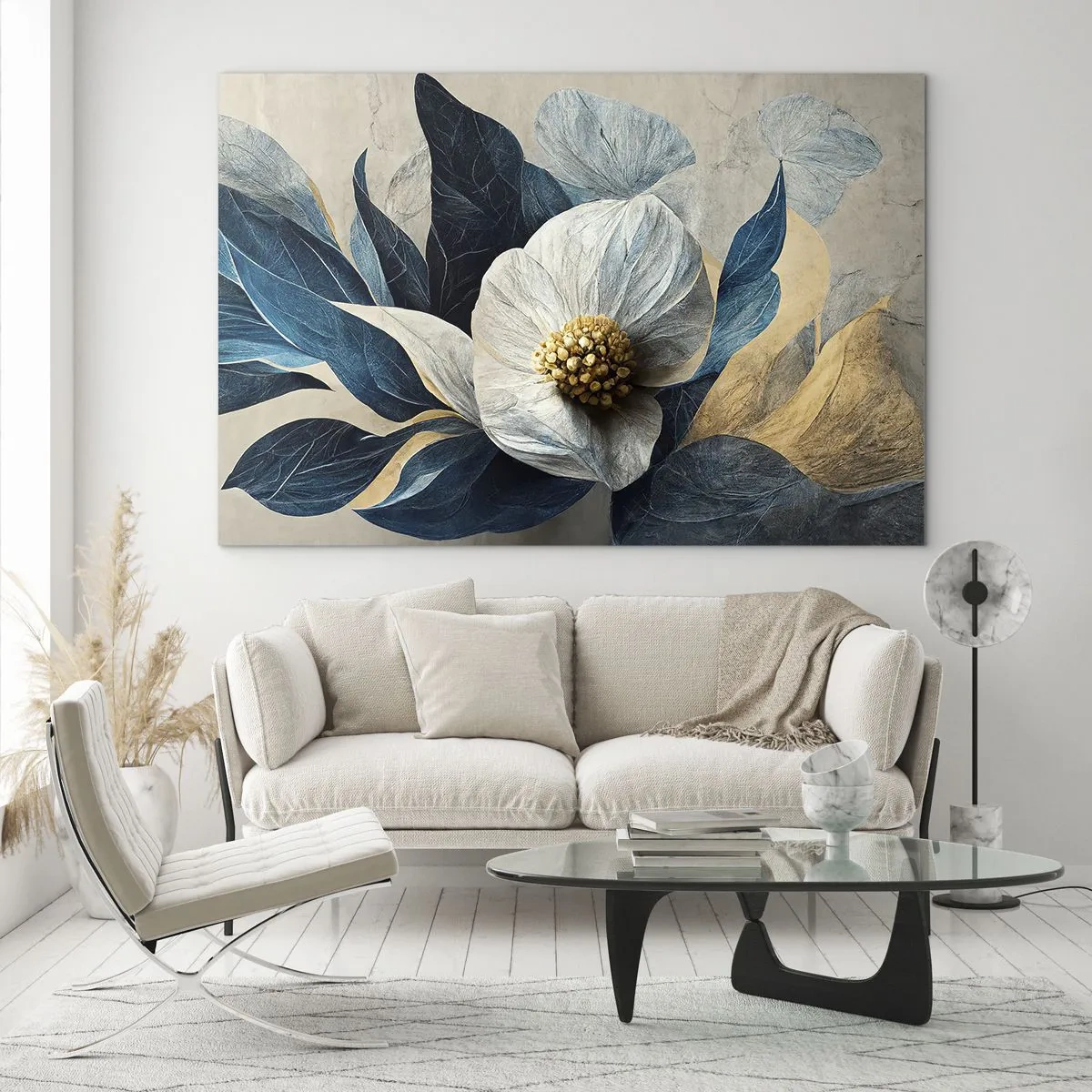 Obraz na skle - Biely kvetinový aranžmán s tmavomodrými listami a zlatým stredom - 70x50cm - Má zlaté srdce - Moderná nástenná dekorácia do obývacej izby a spálne ARTTOR