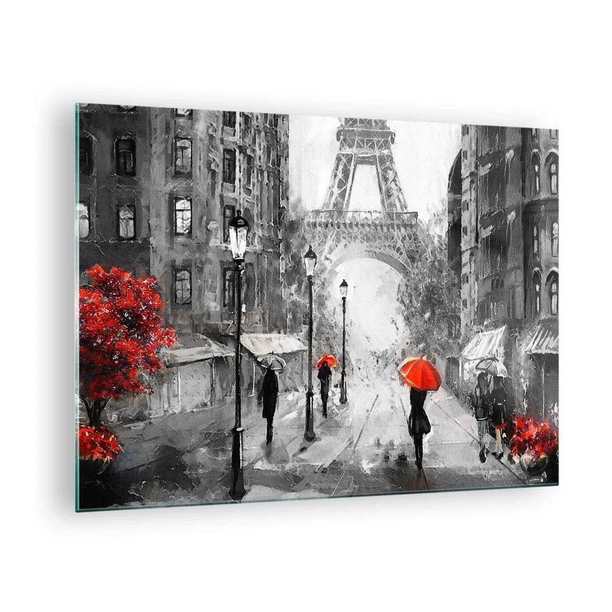 Obraz na skle - Eiffelova veža v monochromatickej krajine s červenými akcentmi - 70x50cm - Všetky cesty vedú k nej - Moderná nástenná dekorácia do obývacej izby a spálne ARTTOR