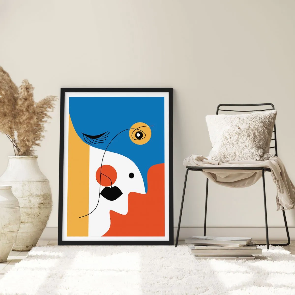 Plagát v čiernom ráme - Kubistický portrét v sýtych farbách - 50x70cm - Zdeformovaný portrét - Moderná nástenná dekorácia do obývacej izby a spálne ARTTOR