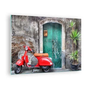 Obraz na skle - Červený skúter oproti zeleným dverám - 70x50cm - Talianske prázdniny - Moderná nástenná dekorácia do obývacej izby a spálne ARTTOR