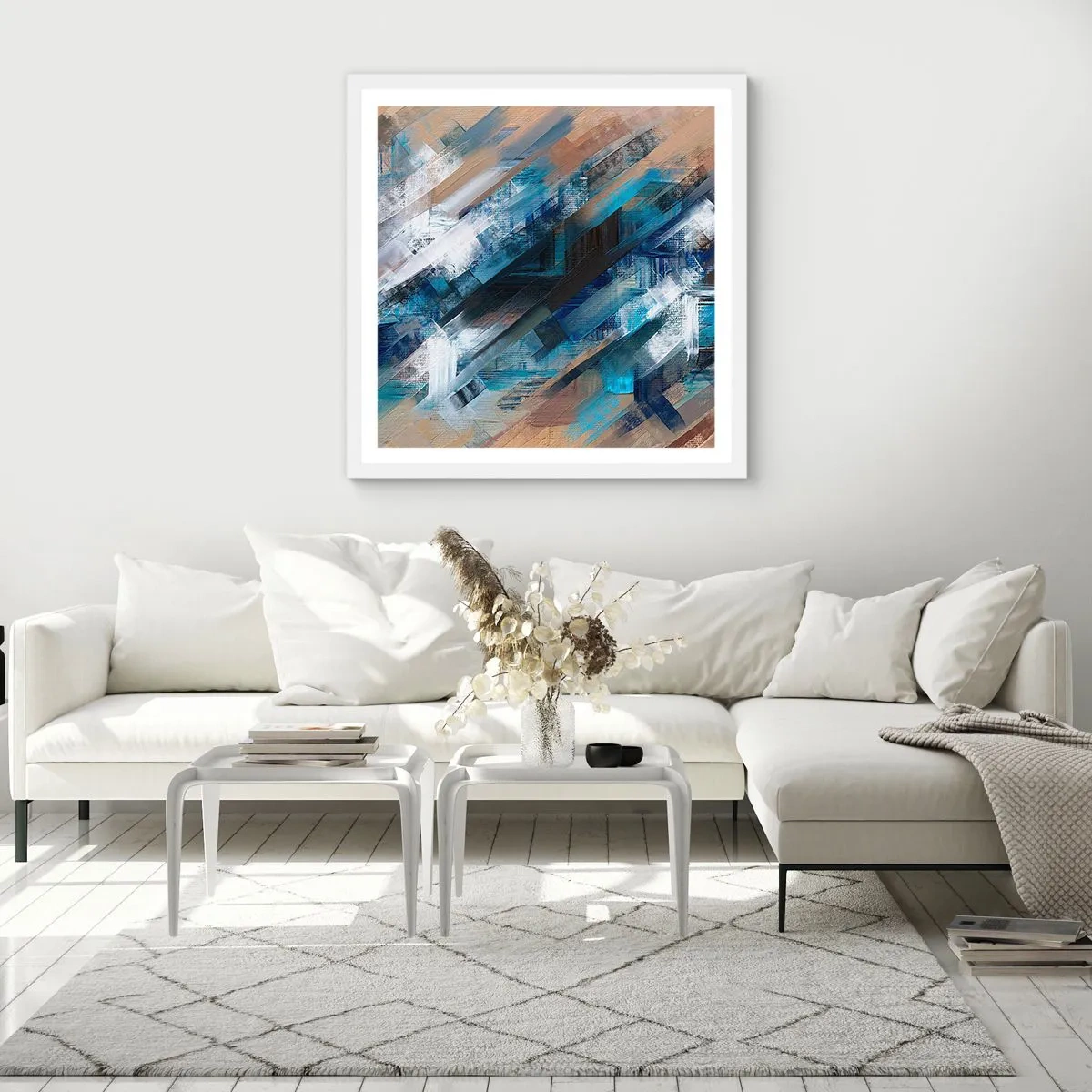 Plagát v bielom ráme - Modrá šikmosť - 30x30 cm