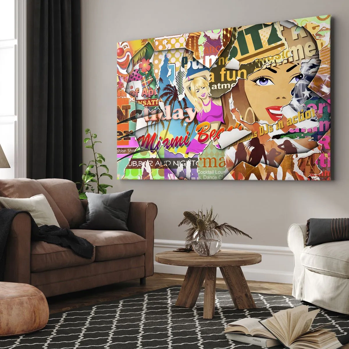 Obraz na plátne - Farebná koláž s retro a pop art prvkami. - 70x50cm - Prázdninová retrospektíva - Moderná nástenná dekorácia do obývacej izby a spálne ARTTOR
