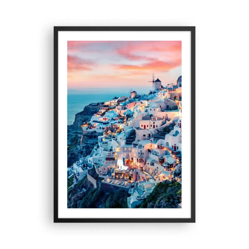 Plagát v čiernom ráme - Malebný výhľad na osvetlené domy na Santorini pri západe slnka - 50x70cm - Tvoja tučná grécka dovolenka - Moderná nástenná dekorácia do obývacej izby a spálne ARTTOR