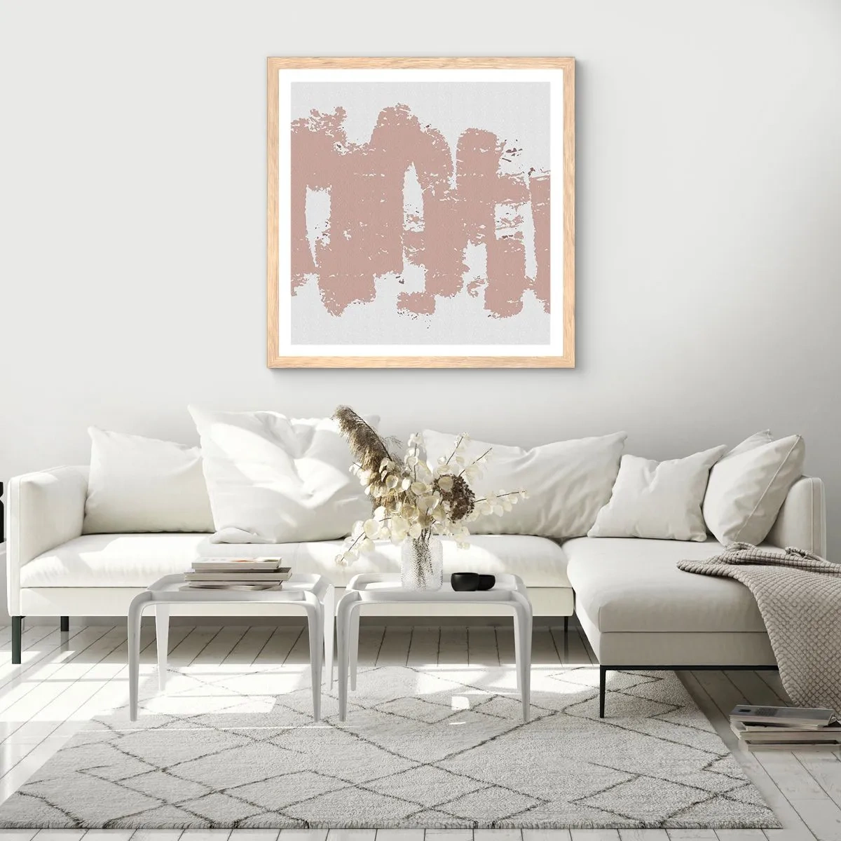 Plagát v ráme zo svetlého duba - Abstrakcia v jemnej ružovej - 30x30 cm