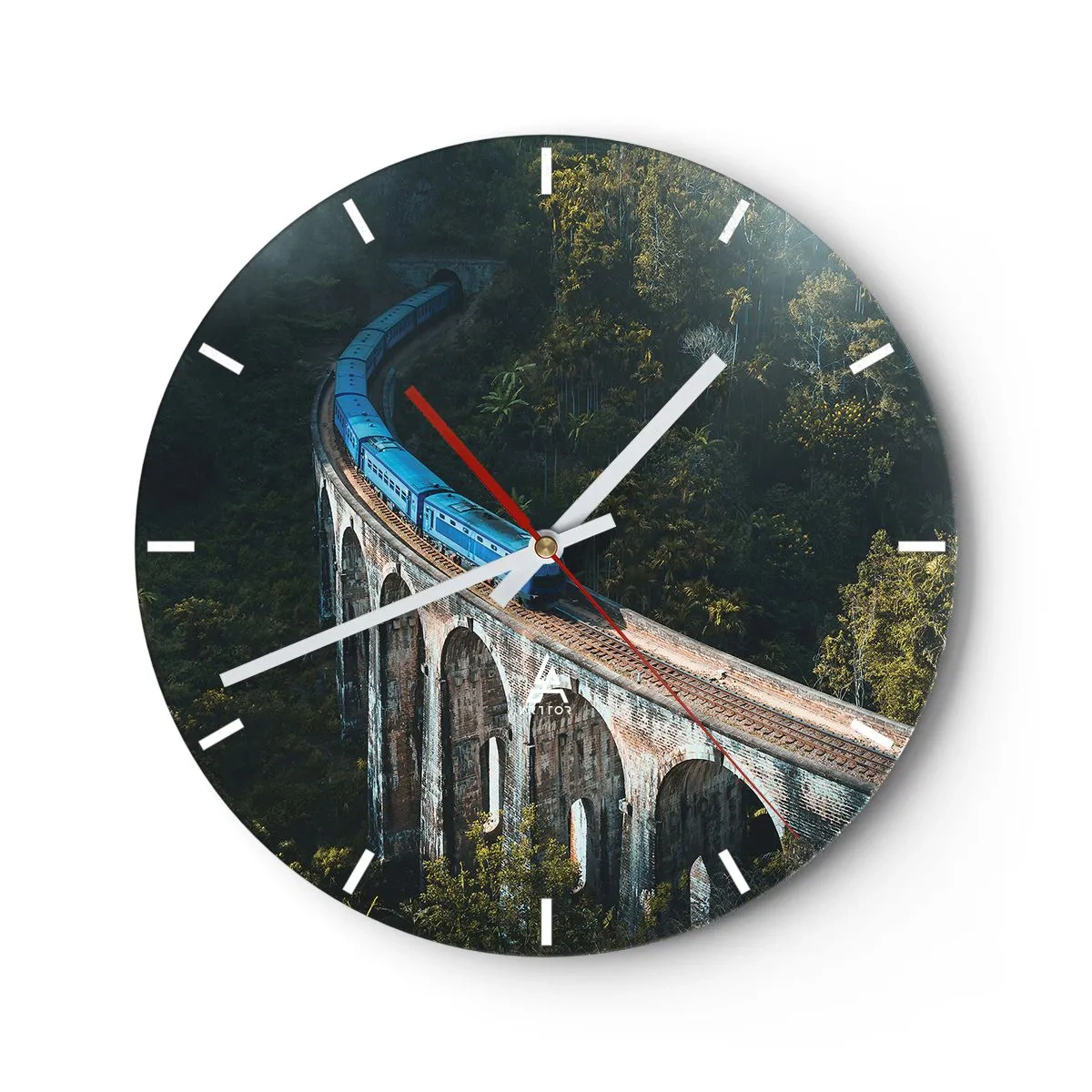 Nástenné hodiny - Vlak na viadukte uprostred tropickej zelene - 30x30cm - Príťažlivosť prírody - Moderná nástenná dekorácia do obývacej izby, kuchyne a spálne ARTTOR