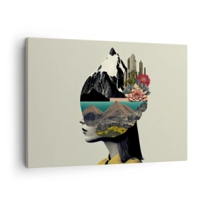 Obraz na plátne - Koláž ženy s horskou krajinou a kvetmi - 70x50cm - Žena – vždy tajomstvo - Moderná nástenná dekorácia do obývacej izby a spálne ARTTOR
