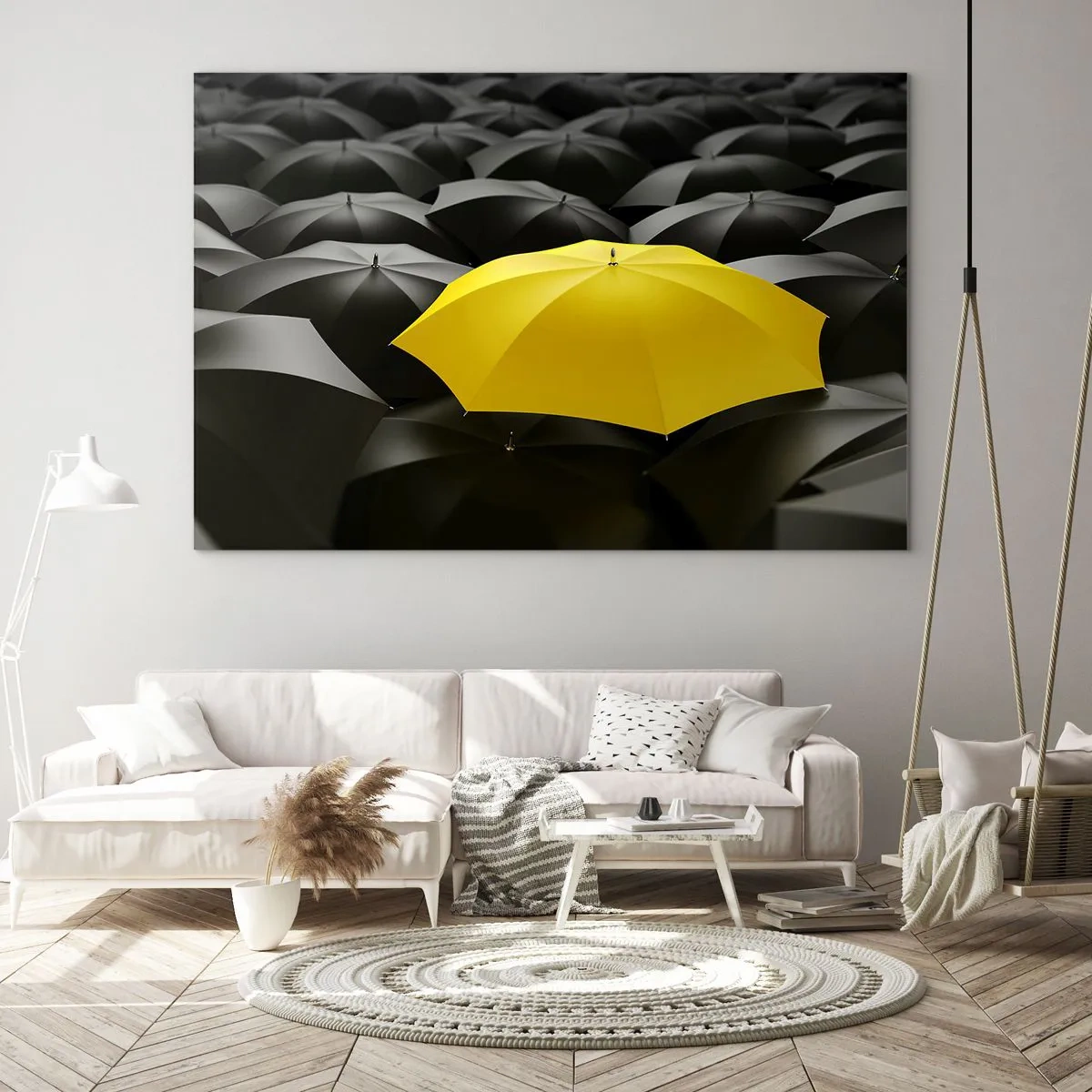 Obraz na skle - Žltý dáždnik vyčnievajúci medzi čiernymi - 70x50cm - Zbohom smútku - Moderná nástenná dekorácia do obývacej izby a spálne ARTTOR