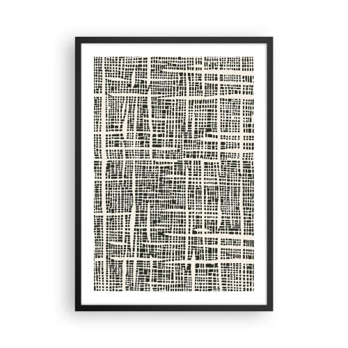 Plagát v čiernom ráme - Geometrický vzor v čiernej farbe na svetlom pozadí - 50x70cm - Tkaná kompozícia - Moderná nástenná dekorácia do obývacej izby a spálne ARTTOR