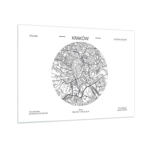 Obraz na skle - Mapa Krakova v čiernobielom ilustračnom štýle - 70x50cm - Anatómia Krakova - Moderná nástenná dekorácia do obývacej izby a spálne ARTTOR