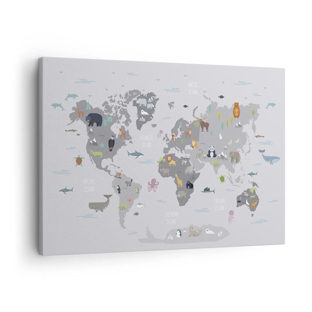 Obraz na plátne - Mapa sveta s ilustráciami zvierat na sivom pozadí - 70x50cm - Povedz mi, odkiaľ si... - Moderná nástenná dekorácia do obývacej izby a spálne ARTTOR