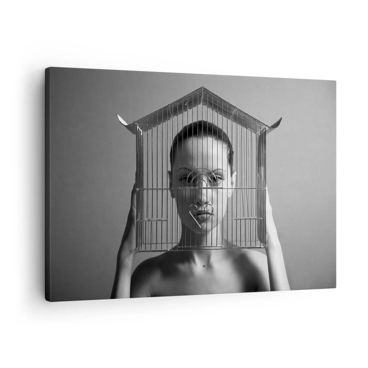 Obraz na plátne - Žena za klietkou v surrealistickom štýle - 70x50cm - Tak trochu surrealistický portrét - Moderná nástenná dekorácia do obývacej izby a spálne ARTTOR