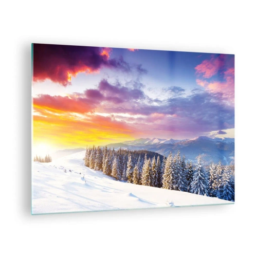 Obraz na skle - Zimná horská krajina so zasneženými stromami a farebnou oblohou - 70x50cm - Za bieleho dňa - Moderná nástenná dekorácia do obývacej izby a spálne ARTTOR