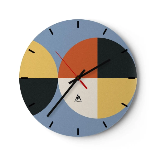 Nástenné hodiny - Geometrická kompozícia s farebnými polkruhmi a štvorcami - 30x30cm - Pozri a počítaj - Moderná nástenná dekorácia do obývacej izby, kuchyne a spálne ARTTOR