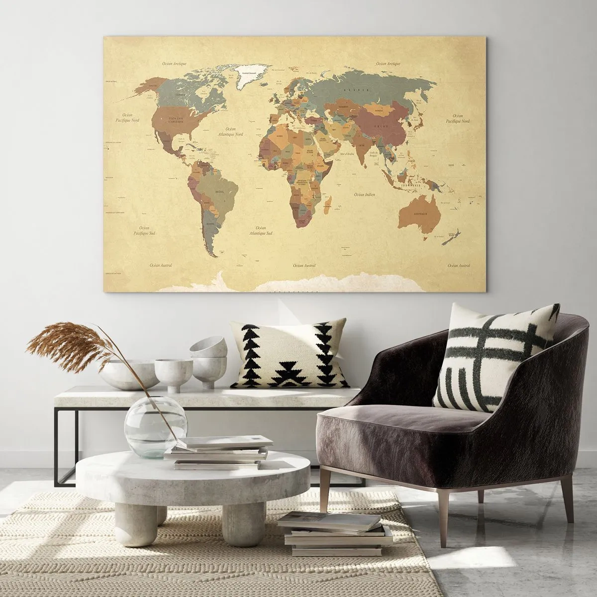 Obraz na skle - Mapa sveta v odtieňoch béžovej a hnedej na vintage pozadí. - 70x50cm - Pre teba - celý svet - Moderná nástenná dekorácia do obývacej izby a spálne ARTTOR