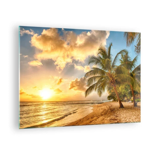 Obraz na skle - Palmová pláž pri západe slnka s teplými farbami oblohy - 70x50cm - Večné leto, vždy prázdniny - Moderná nástenná dekorácia do obývacej izby a spálne ARTTOR