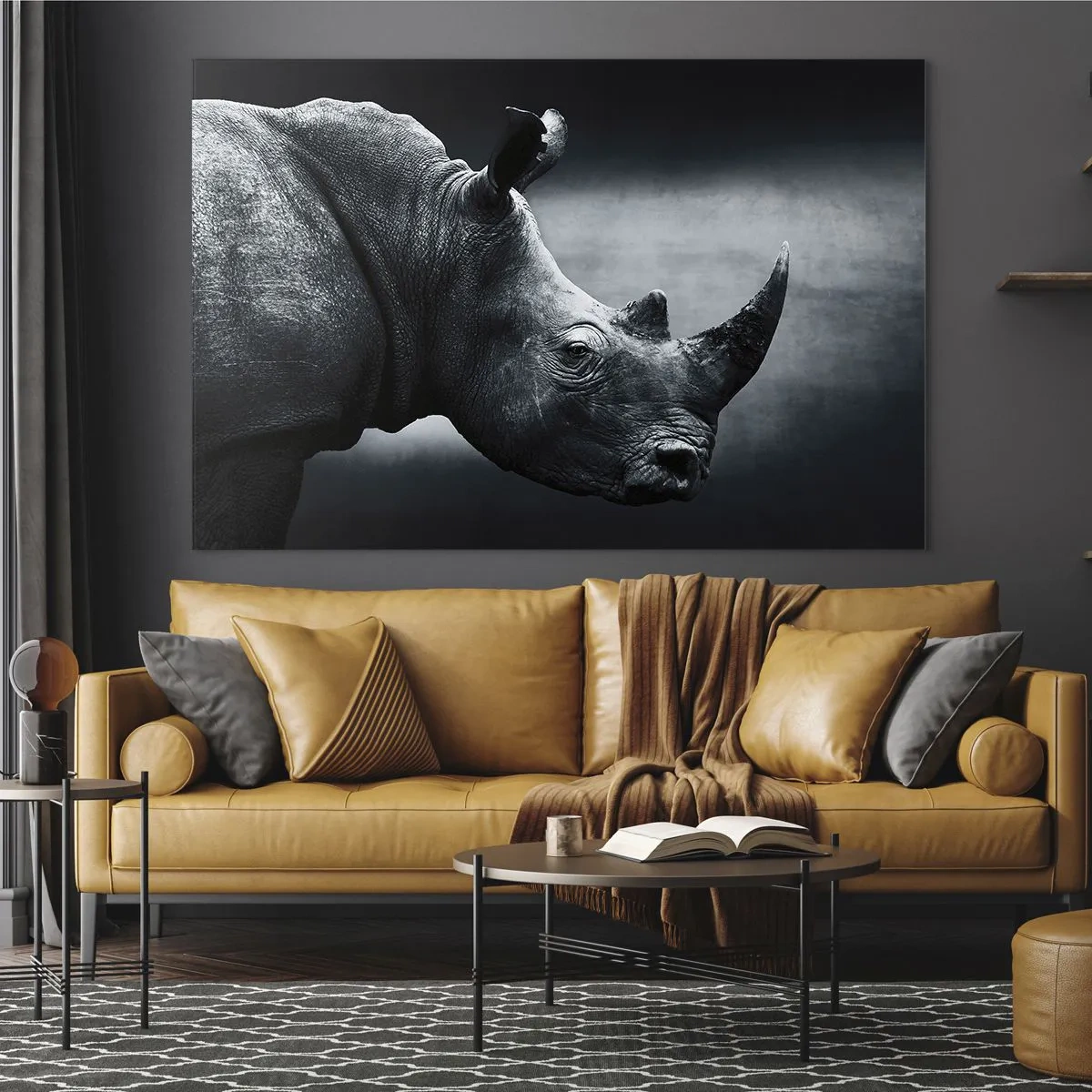 Obraz na skle - Čiernobiela snímka nosorožca - 70x50cm - Pravý profil - Moderná nástenná dekorácia do obývacej izby a spálne ARTTOR