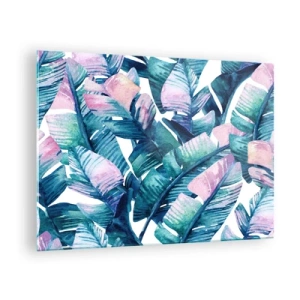 Obraz na skle - Banánové listy v pastelových odtieňoch na bielom pozadí - 70x50cm - V banánovom háji - Moderná nástenná dekorácia do obývacej izby a spálne ARTTOR