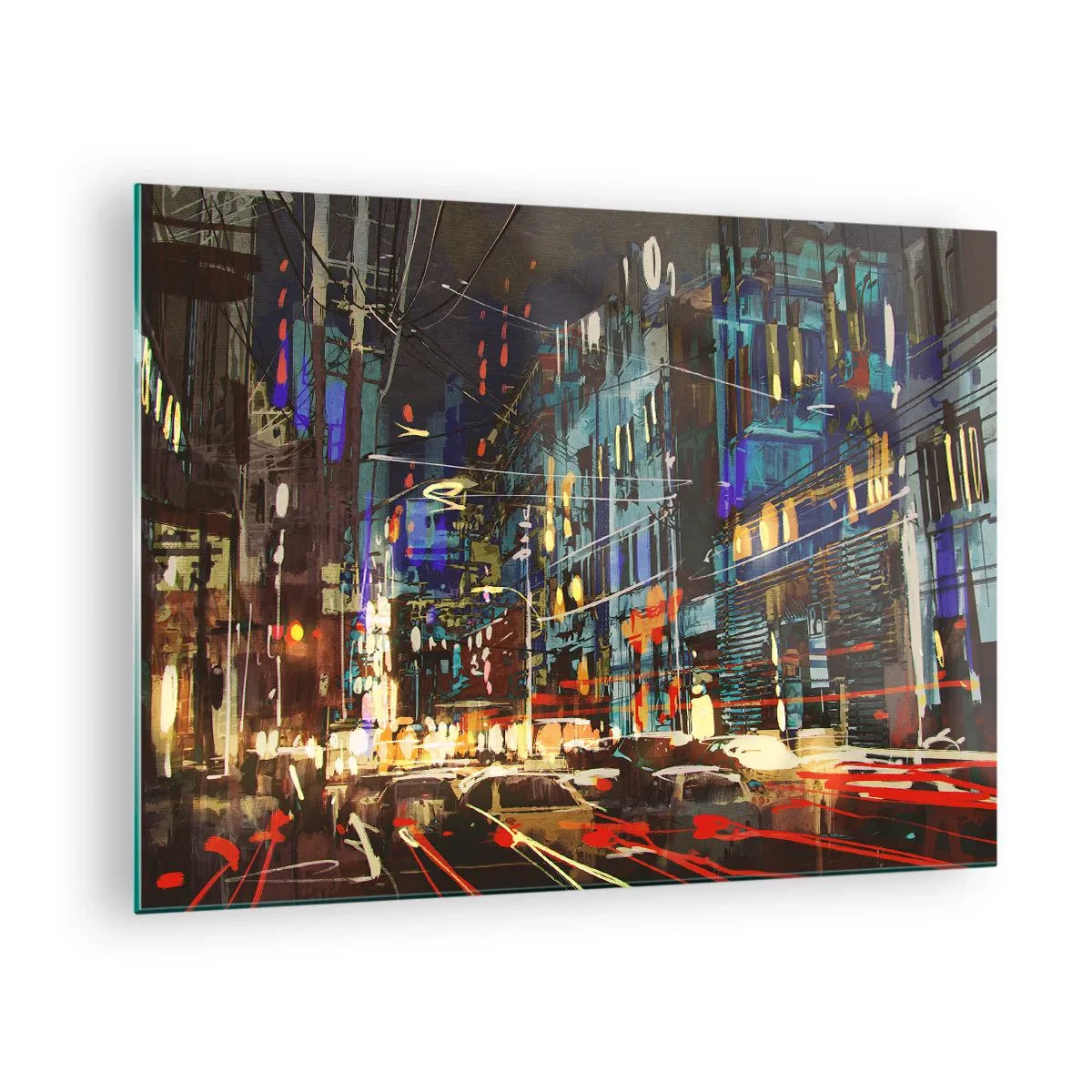 Obraz na skle - Večerná mestská ulica s neónovými svetlami a premávkou - 70x50cm - Večerný pouličný ruch - Moderná nástenná dekorácia do obývacej izby a spálne ARTTOR
