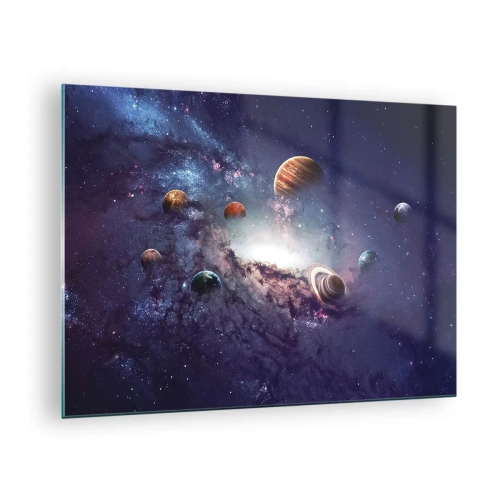Obraz na skle - Fantastická vízia planét otáčajúcich sa vo vesmíre - 70x50cm - Slnko a tanec - Moderná nástenná dekorácia do obývacej izby a spálne ARTTOR
