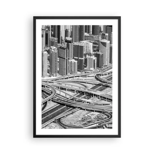 Plagát v čiernom ráme - Panoráma mesta s cestnou sieťou v čiernobielom štýle - 50x70cm - Dubaj – neskutočné mesto - Moderná nástenná dekorácia do obývacej izby a spálne ARTTOR