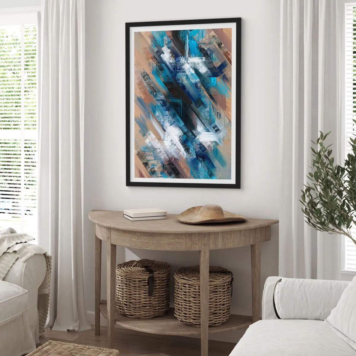 Plagát v čiernom ráme - Abstraktná kompozícia s diagonálnymi čiarami v odtieňoch modrej. - 50x70cm - Modrá šikmosť - Moderná nástenná dekorácia do obývacej izby a spálne ARTTOR