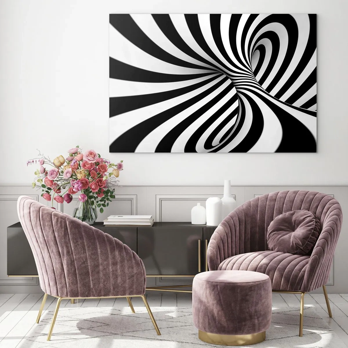 Obraz na skle - Čiernobiela špirála vytvára dynamický priestorový efekt. - 70x50cm - Kompozícia: tancujúci priestor - Moderná nástenná dekorácia do obývacej izby a spálne ARTTOR