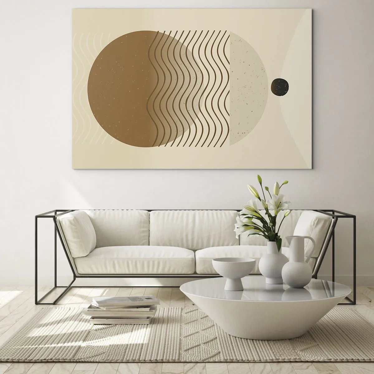 Obraz na skle - Geometrická kompozícia s vlnami a kruhmi v béžových farbách - 70x50cm - O pôvode geometrických obrazcov - Moderná nástenná dekorácia do obývacej izby a spálne ARTTOR