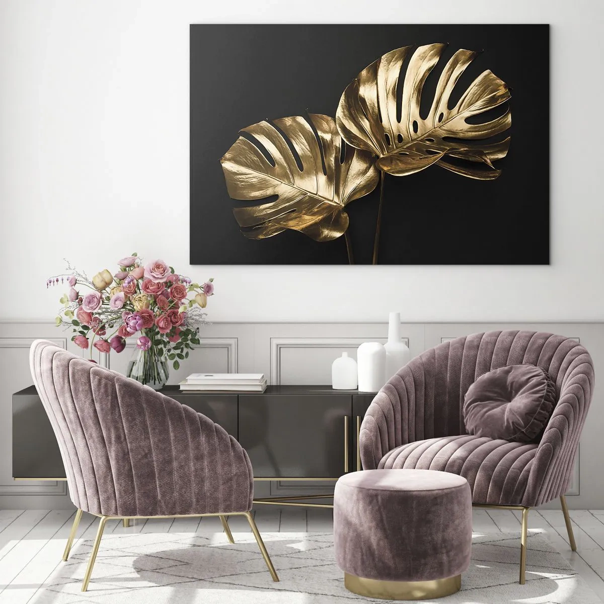 Obraz na skle - Listy zlatej monstery na čiernom pozadí - 70x50cm - Poklady prírody - Moderná nástenná dekorácia do obývacej izby a spálne ARTTOR