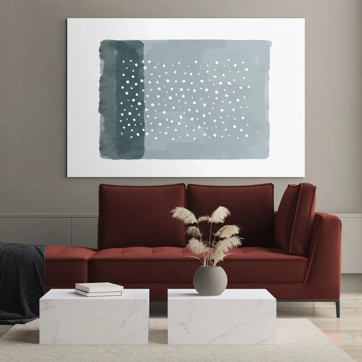 Obraz na skle - Abstraktný obraz v odtieňoch modrej s bielymi bodkami. - 70x50cm - Pestované na modrej - Moderná nástenná dekorácia do obývacej izby a spálne ARTTOR