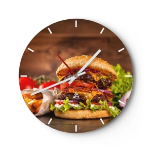 Nástenné hodiny - Šťavnatý burger s polevami na drevenom pozadí - 30x30cm - Zakázané ovocie - Moderná nástenná dekorácia do obývacej izby, kuchyne a spálne ARTTOR