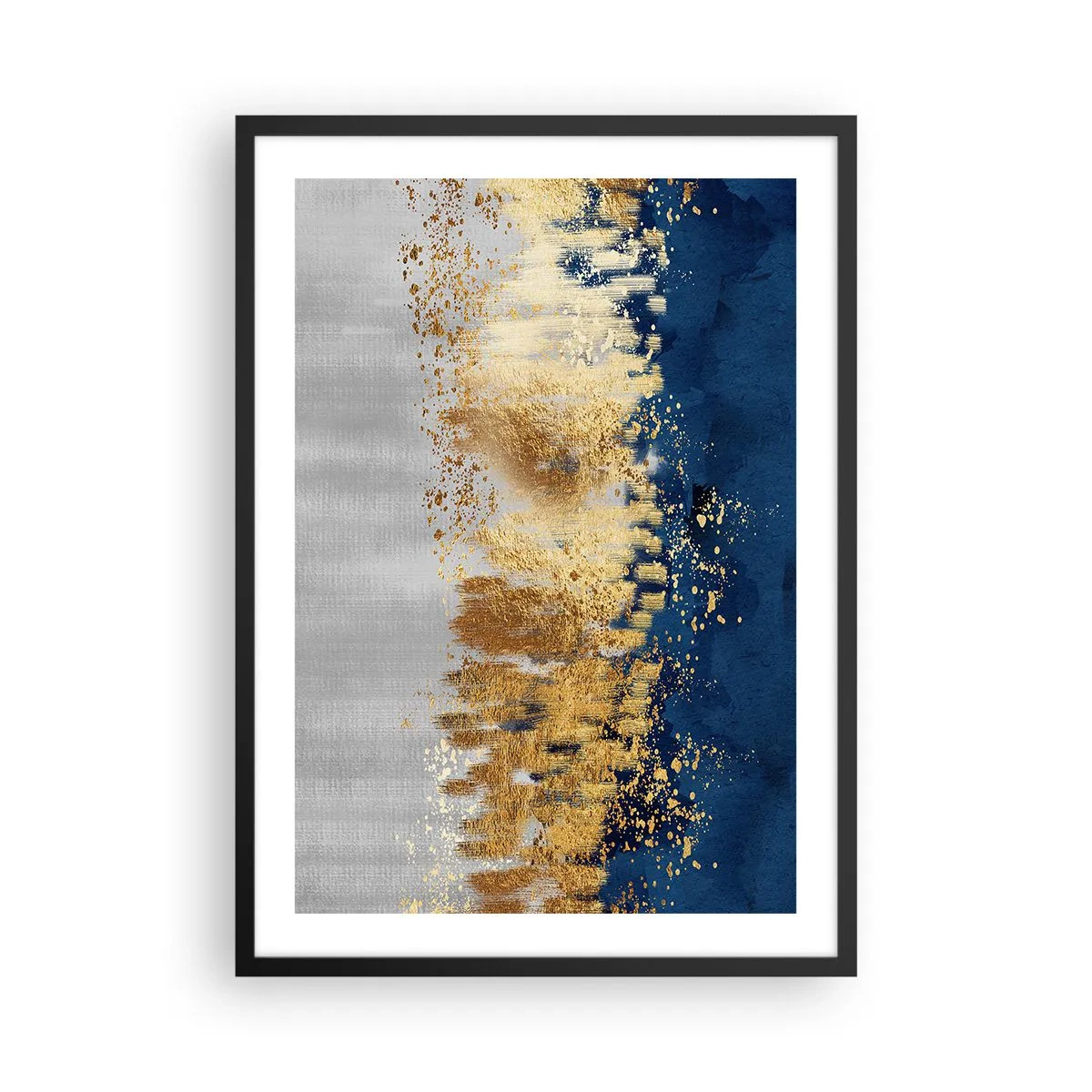 Plagát v čiernom ráme - Abstraktná kompozícia v odtieňoch tmavomodrej, zlatej a striebornej - 50x70cm - Moderná kompozícia s iskrou - Moderná nástenná dekorácia do obývacej izby a spálne ARTTOR