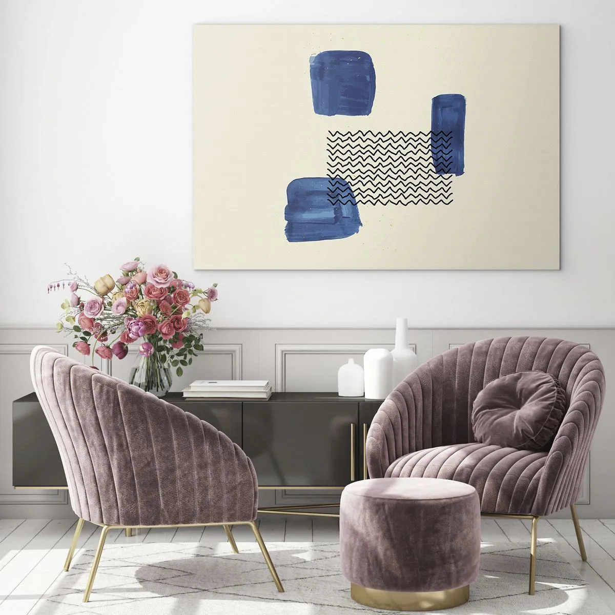 Obraz na skle - Moderná abstrakcia s modrými akcentmi - 70x50cm - Abstraktné kvarteto - Moderná nástenná dekorácia do obývacej izby a spálne ARTTOR