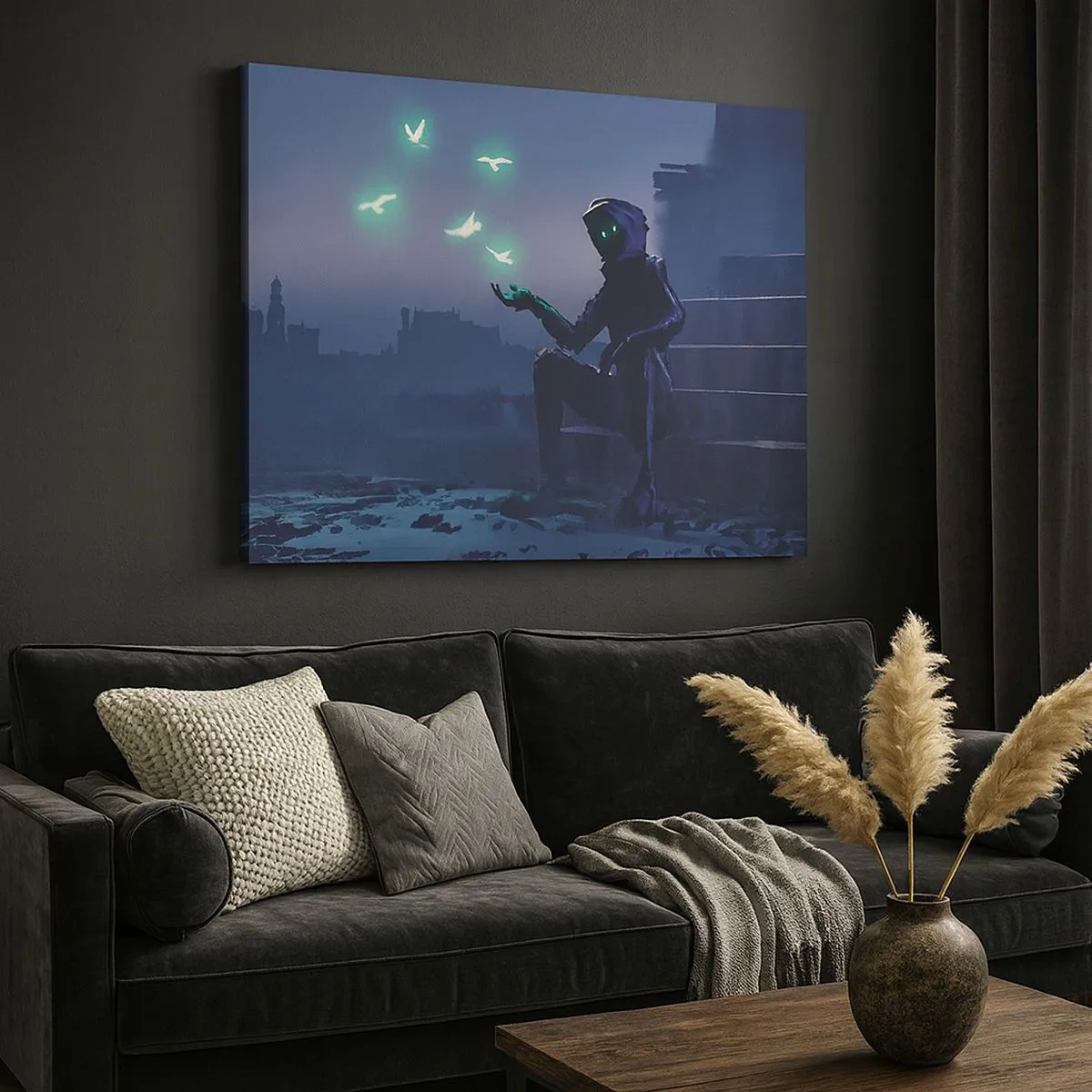 Obraz na plátne - Postava s kapucňou a magickými vtákmi na pozadí mesta - 70x50cm - Život sa vráti - Moderná nástenná dekorácia do obývacej izby a spálne ARTTOR