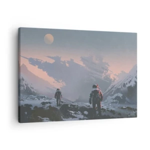 Obraz na plátne - Astronauti na cudzej planéte s vrakom vesmírnej lode - 70x50cm - Pod neznámou hviezdou - Moderná nástenná dekorácia do obývacej izby a spálne ARTTOR