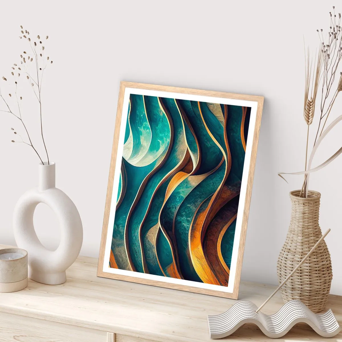 Plagát v ráme zo svetlého duba - Meandre modrej - 70x100 cm