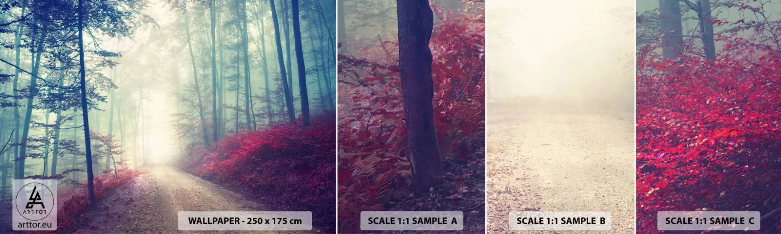 Vzorka samolepiacej fototapety Deluxe Sticker - Je dobre vstať s východom slnka - Krajina, les, Lesná cesta - 100x30 cm