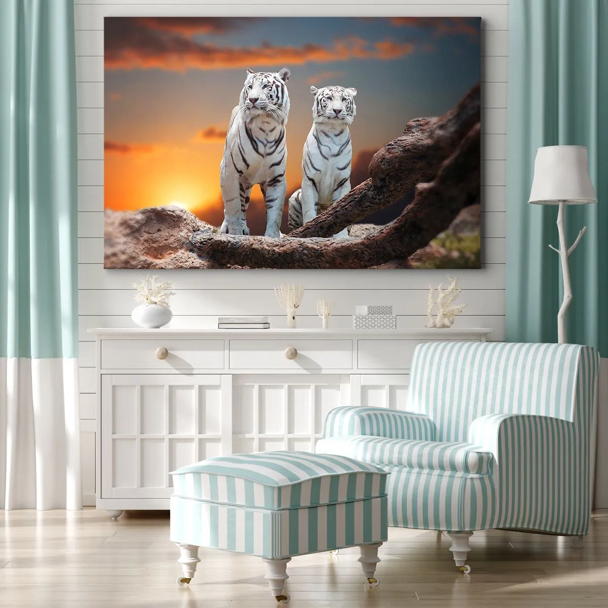 Obraz na plátne - Biele tigre v zapadajúcom slnku na pozadí prírody - 70x50cm - Úplne ako v Narnii - Moderná nástenná dekorácia do obývacej izby a spálne ARTTOR