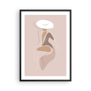 Plagát v čiernom ráme - Minimalistický obrázok ženy v klobúku na béžovom pozadí. - 50x70cm - Ako vyzerá pravá dáma? - Moderná nástenná dekorácia do obývacej izby a spálne ARTTOR