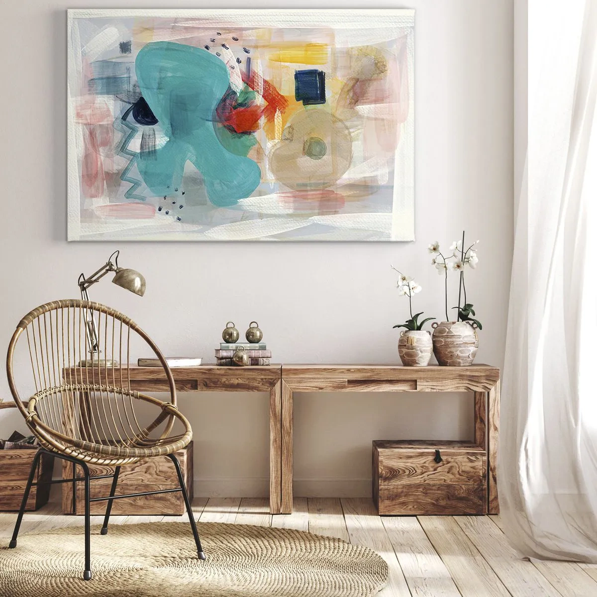 Obraz na plátne - Abstraktné tvary a farby vytvárajú dynamickú kompozíciu - 70x50cm - Farebná hra - Moderná nástenná dekorácia do obývacej izby a spálne ARTTOR
