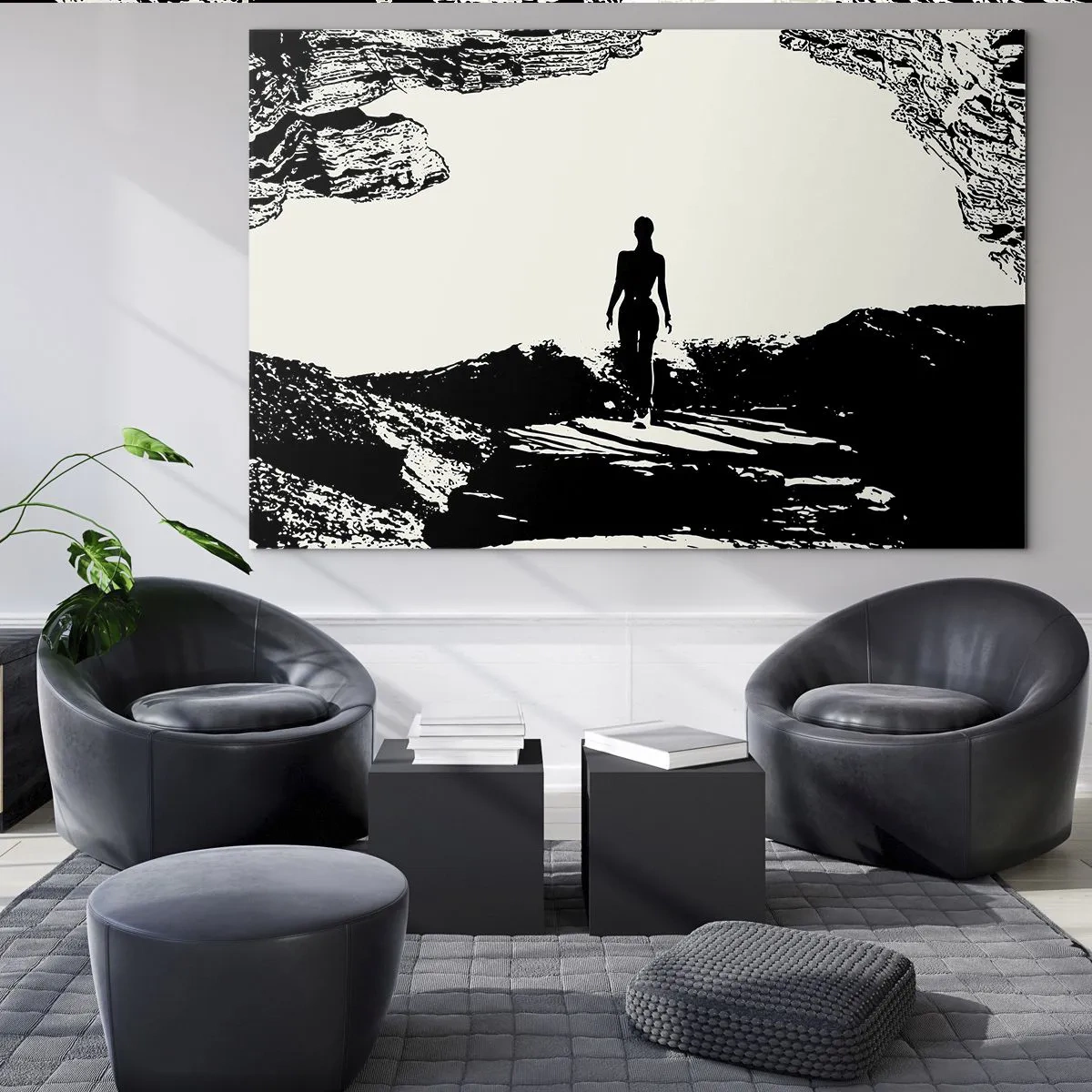 Obraz na skle - Silueta ženy vychádzajúcej z jaskyne v čiernobielej grafike - 70x50cm - Nový pohľad - Moderná nástenná dekorácia do obývacej izby a spálne ARTTOR