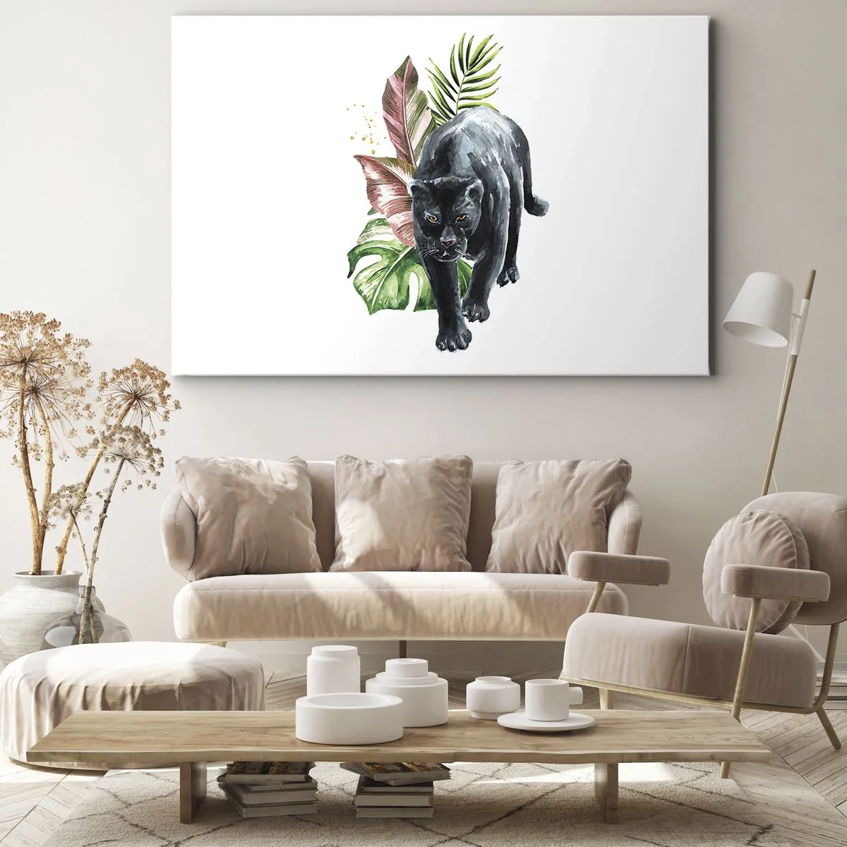 Obraz na plátne - Čierny panter obklopený tropickými listami - 70x50cm - Divokosť v srdci - Moderná nástenná dekorácia do obývacej izby a spálne ARTTOR
