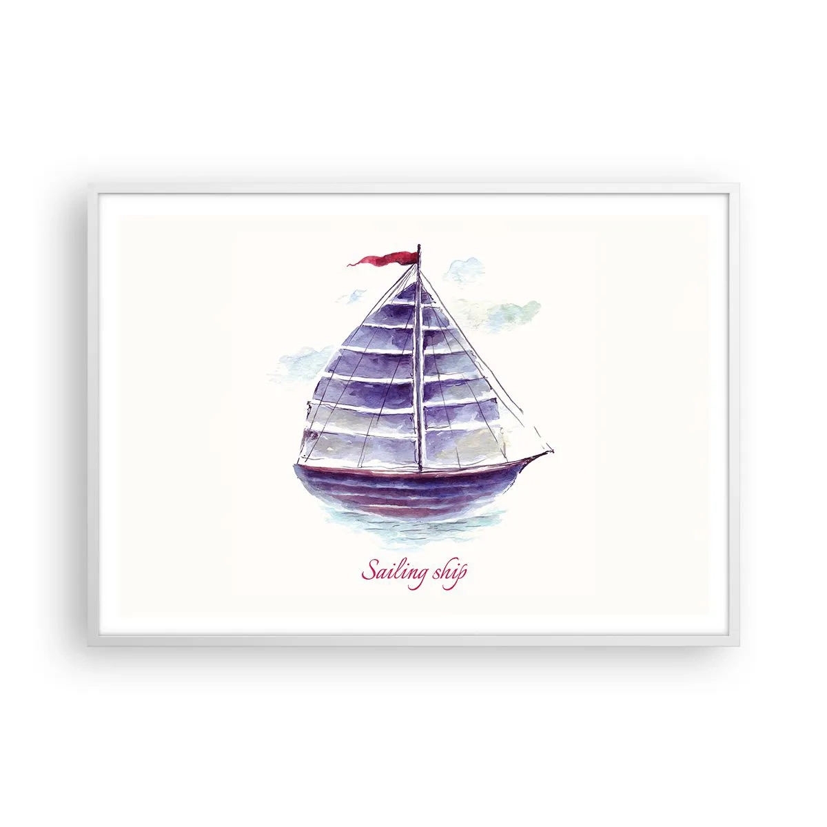 Plagát v bielom ráme - Napnuté plachty a pokojná voda - 100x70 cm