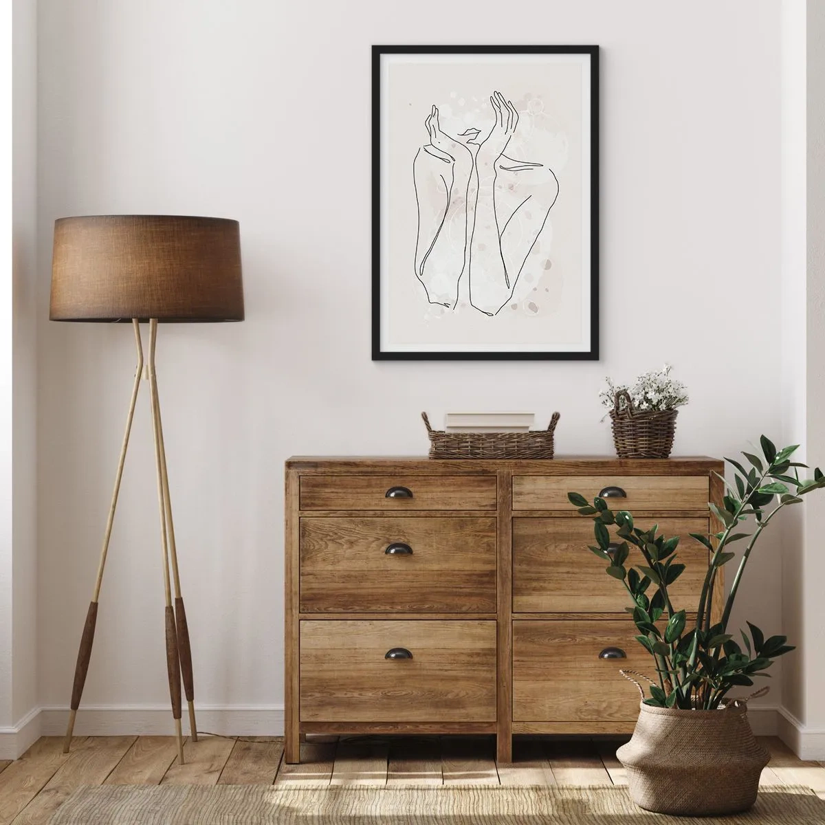 Plagát v čiernom ráme - Kontúrová kresba ruky s abstraktným pozadím v odtieňoch béžovej - 50x70cm - Zasnený okamih - Moderná nástenná dekorácia do obývacej izby a spálne ARTTOR