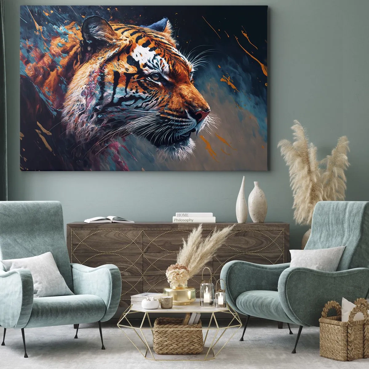 Obraz na plátne - Portrét tigra v dynamických, abstraktných farbách - 70x50cm - Divoká krása - Moderná nástenná dekorácia do obývacej izby a spálne ARTTOR