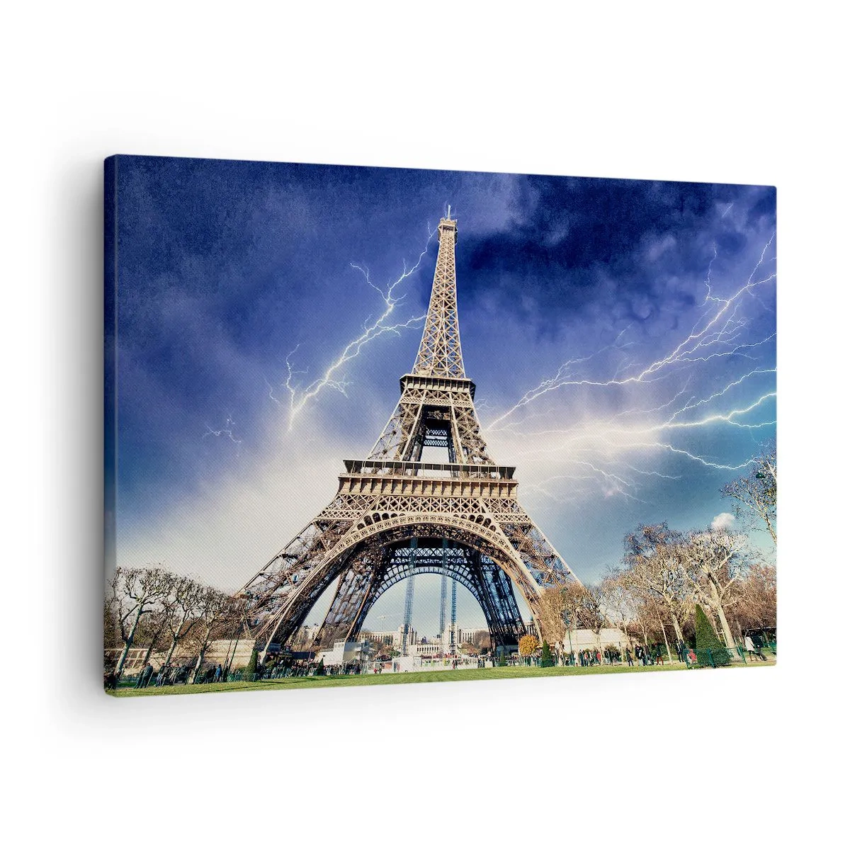 Obraz na plátne - Eiffelova veža s búrlivou oblohou a bleskami v pozadí - 70x50cm - Vládkyňa búrok - Moderná nástenná dekorácia do obývacej izby a spálne ARTTOR