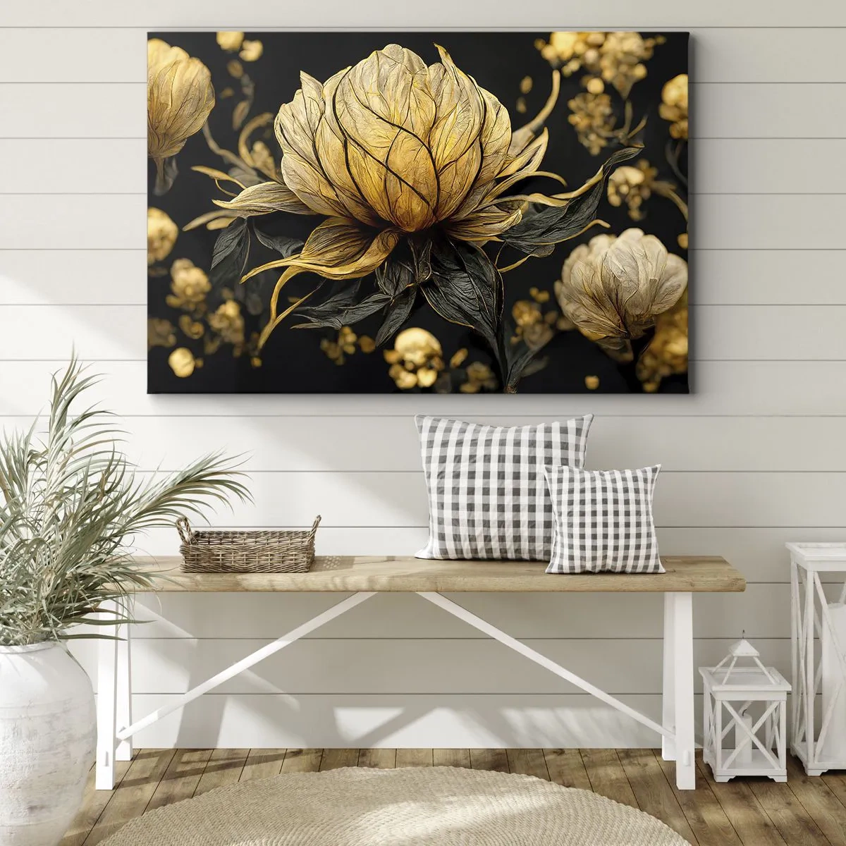 Obraz na plátne - Zlatý kvet na tmavom pozadí - 70x50cm - Jemná krehkosť - Moderná nástenná dekorácia do obývacej izby a spálne ARTTOR